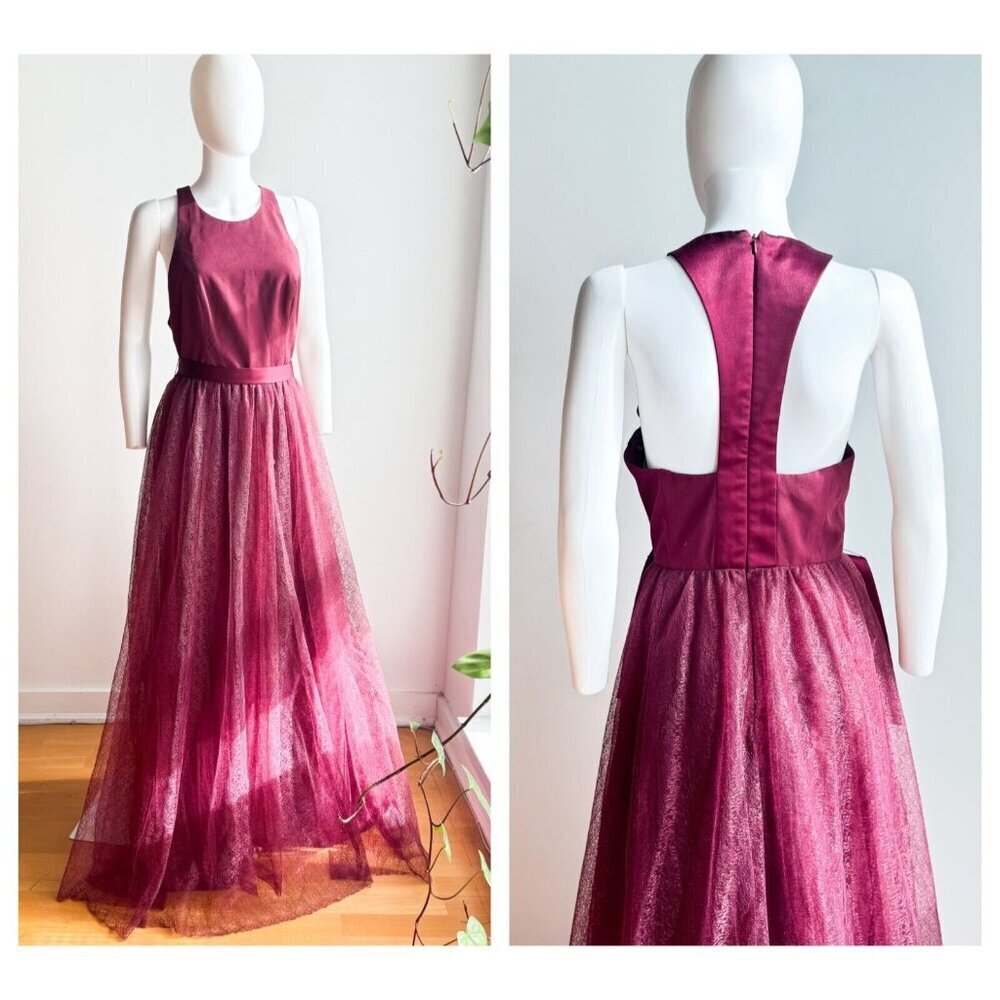 Vera Wang White Burgundy Lace Skirt open Back Maxi Gown 10